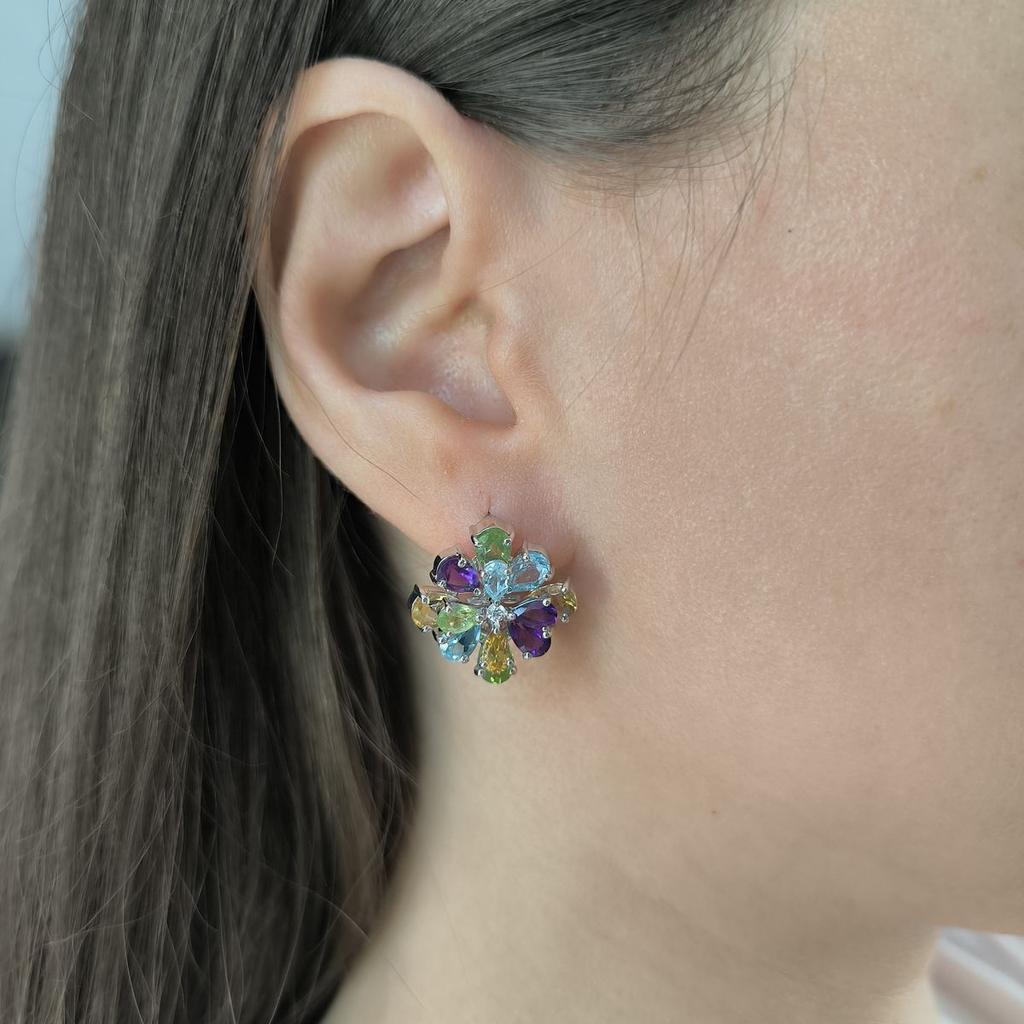 Серебряные серьги с натуральным аметистом 8.24ct, цитрином, хризолітом, топазом (2193227)