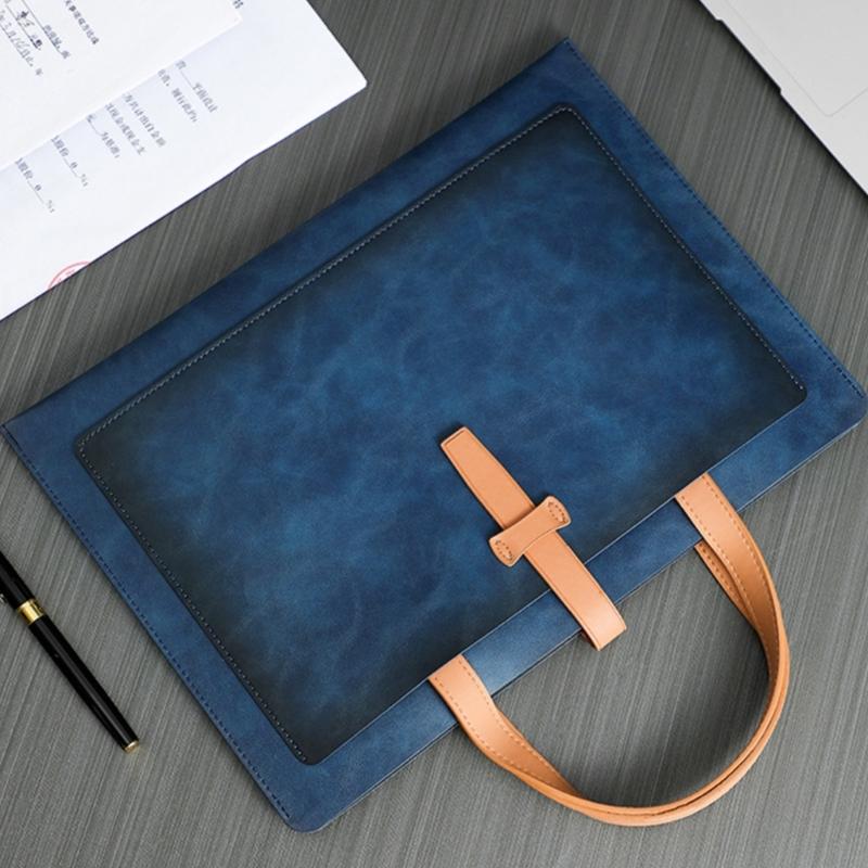Handheld File Folder Leather Folder Document Storage Bag Leather Laptop Sleeve Leather Buckle Lock for Office Travel