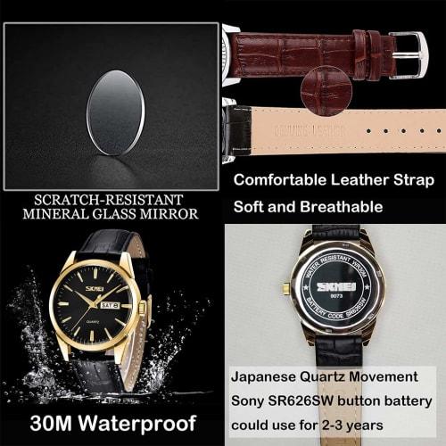 Popular couple's watches for men and women. Classic black leather strap, waterproof, luxury, perfect for weddings, anniversaries, or any special occas