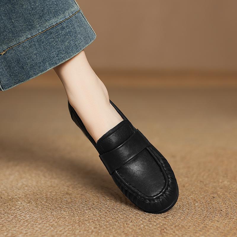 Women's low-heeled single shoes, spring and autumn models, full leather thick-heeled large-size casual shoes inside and outside, loafers.