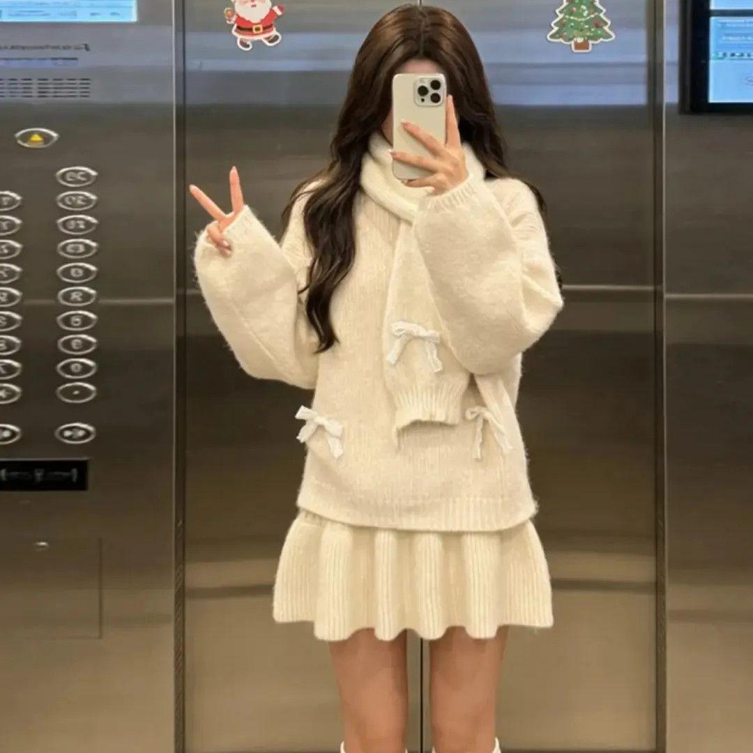 

Korean Style Bow Design Sweater & Skirt Set with Scarf One size (40kg-65kg)