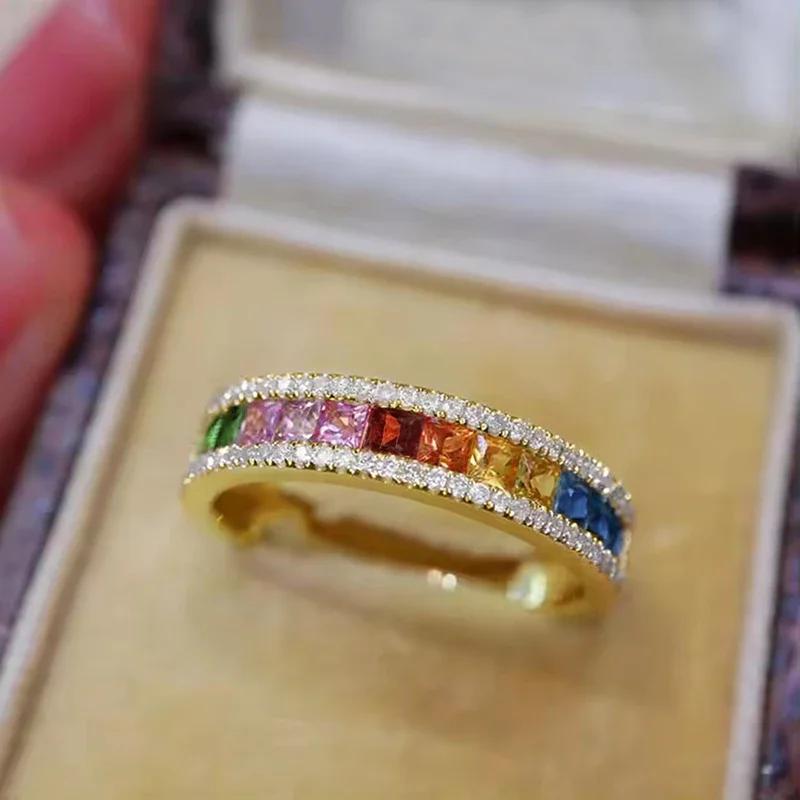 Huitan Bright Rainbow Cubic Zirconia Rings for Women Trendy Colorful Wedding Band Accessories Cocktail Party Jewelry Bulk