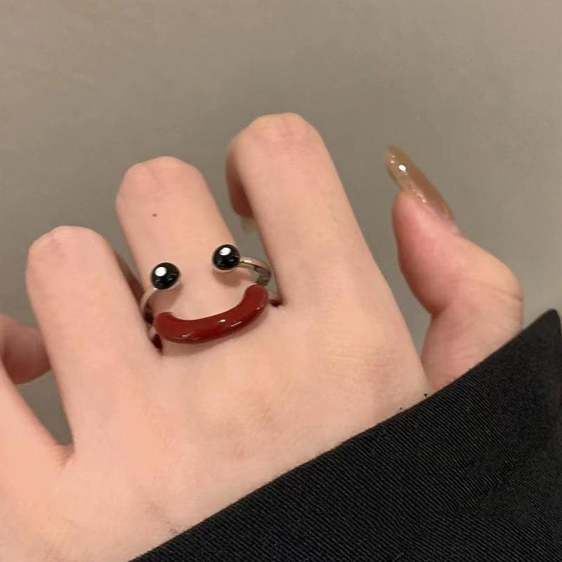 Anello Viso Sorridente Brillantinato Versatile Personalità Carina Divertente Brutto Carino Design di Tendenza di Nicchia Anello Aperto Femminile