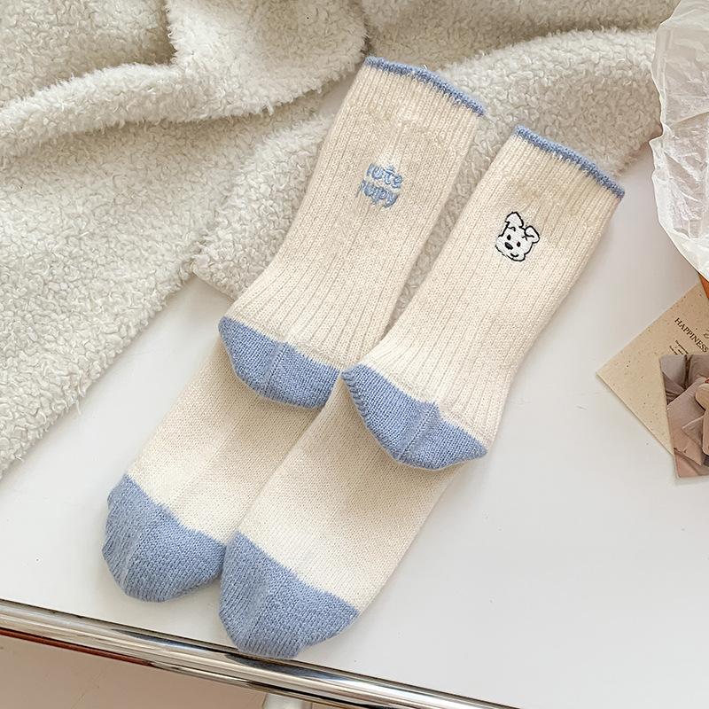 Embroidery Cartoon Socks Stacking Socks Season Fleece Thickened Warm Wool Socks Ab Cute Medium Tube Socks Women