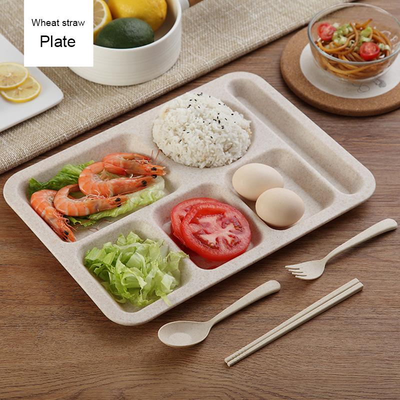 Kinderteller aus Weizenstroh Geschirr Teller Student Frühstücksteller Babyteller Schüssel Kindergarten Löffel Gabel Besteckset