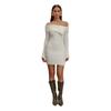 Damen Off-Shoulder Faltkragen Langarm Bodycon Mini Kleid Elegant Gerippter Strick Kurze Partykleider Frühling Herbst Pulloverkleid für Damen