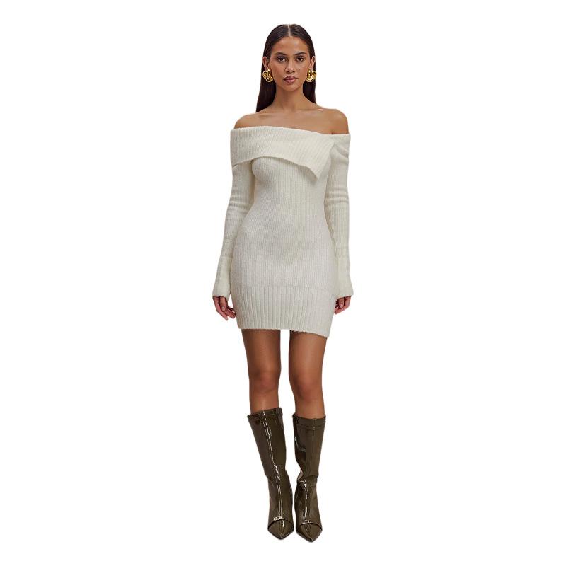 Damen Off-Shoulder Faltkragen Langarm Bodycon Mini Kleid Elegant Gerippter Strick Kurze Partykleider Frühling Herbst Pulloverkleid für Damen
