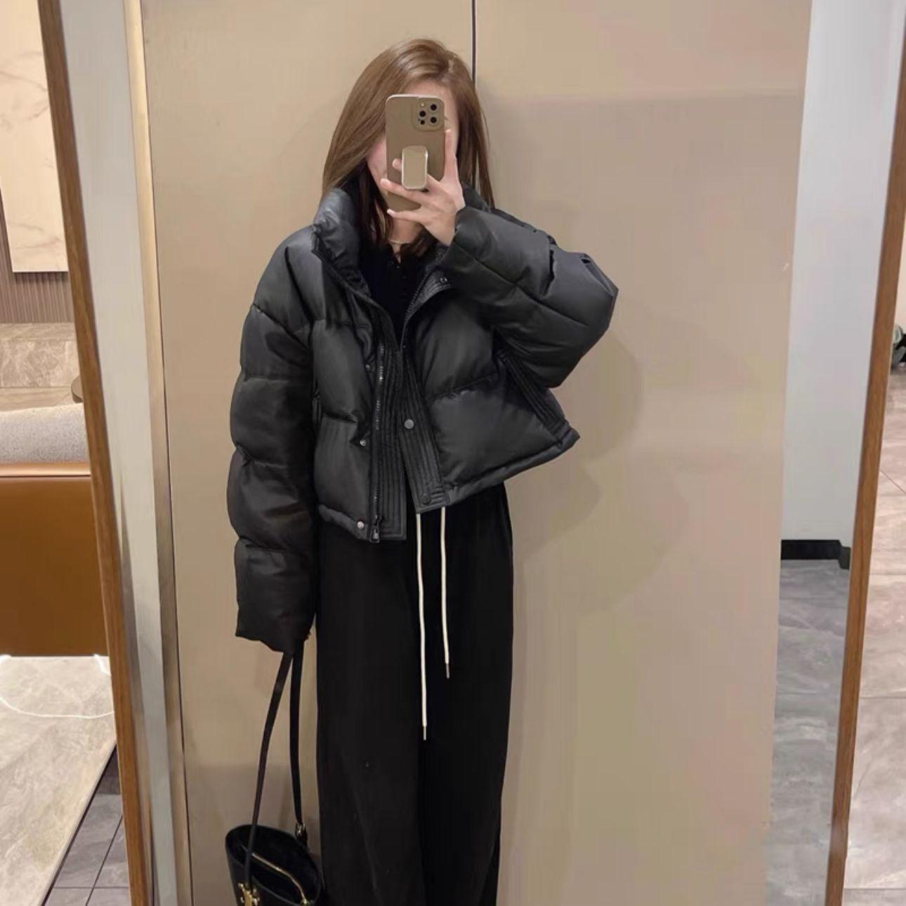 

Осень-зима утолщенная теплая короткая парка с воротником-стойкой женская повседневная однотонная куртка с карманом из искусственной кожи свободная куртка верхняя одежда M чёрный