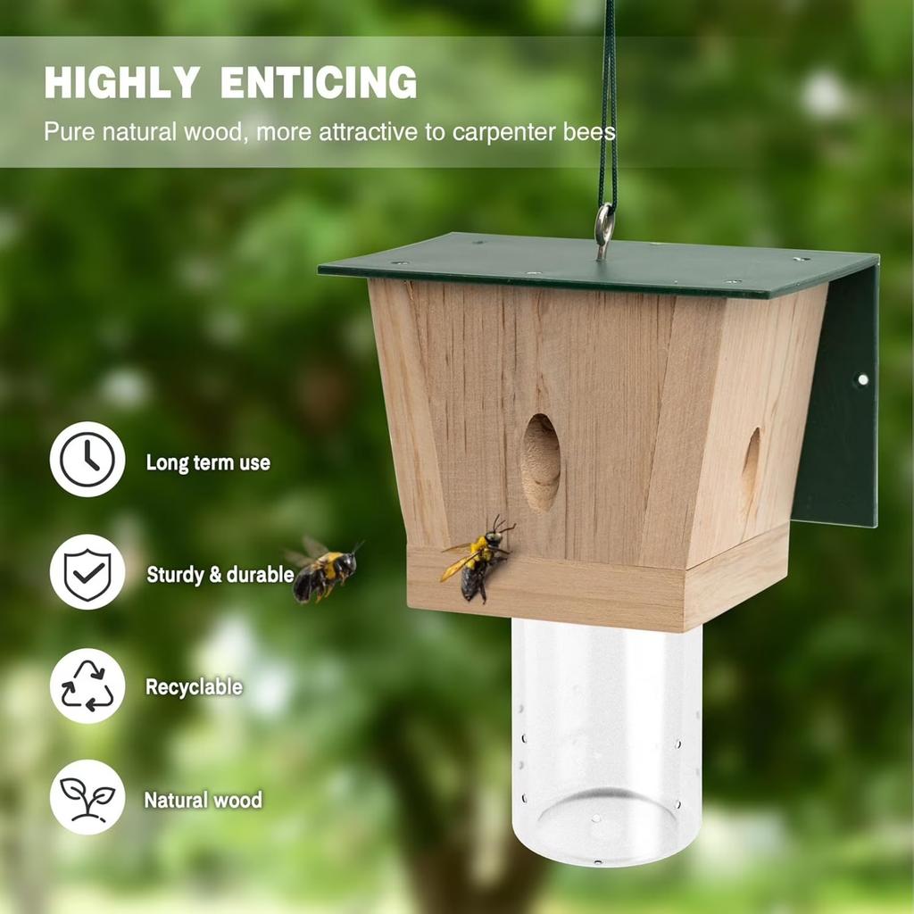 Outdoor Wooden Hanging Bee Trap House Shape Design for Effective Bee Capture with Transparent Collection Chamber