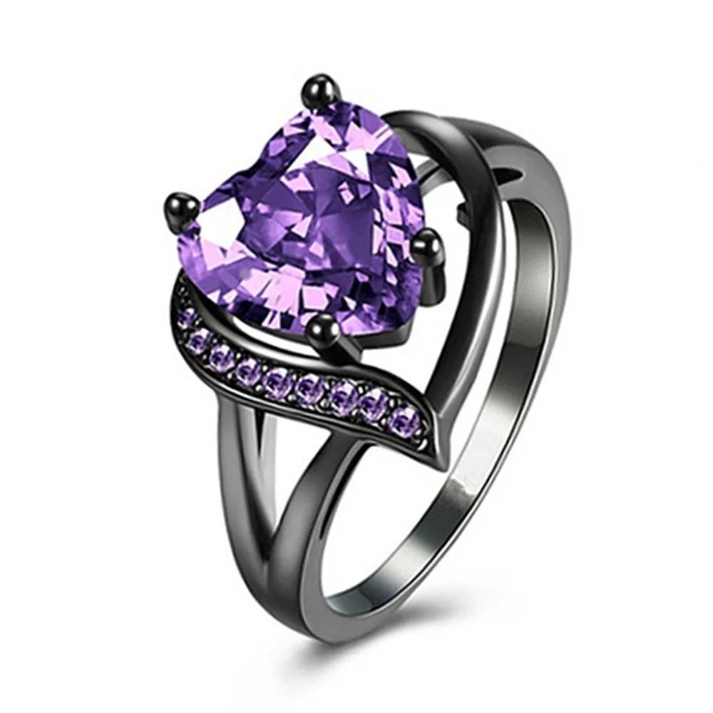 Heart Cubic Zirconia  Black Gold Plated Promise Band Ring Wedding Purple Rings for Women