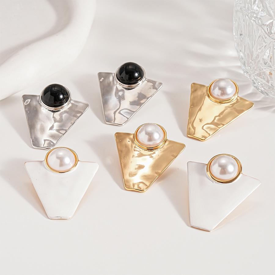 Metallic imitation pearl geometric triangle silver needle stud earrings personalized temperament earrings