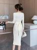 Off-White Floral Elegant Slim-Fit French Autumn/Winter Dress