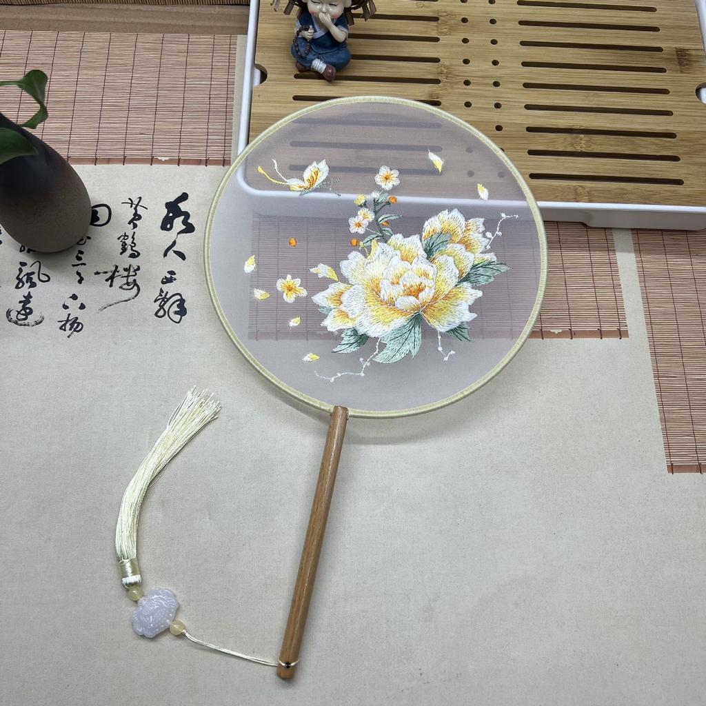 Red Flower Silk Fan Double Sided Embroidery Round Fan Chinese Palace Hanfu Hand Fan Craft Wedding Gift For Guests Home Decor