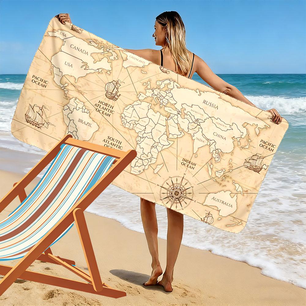 World Map Vintage Style Towel Beach Towel Quick-drying for Travel Outdoor Sports Jogging Beach and Swimming