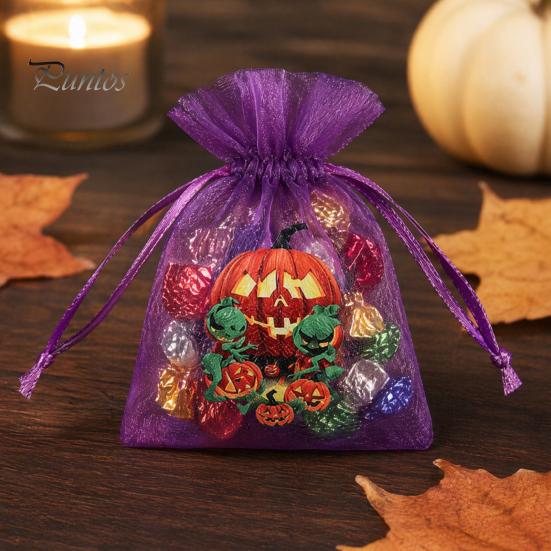 Halloween Party Prop 12 Pcs Organza Candy Bag, Drawstring Treat Pouch with Pumpkin Ghost Bat Storage Bag Print, Sheer Favor for Snacks, Trick or Gift
