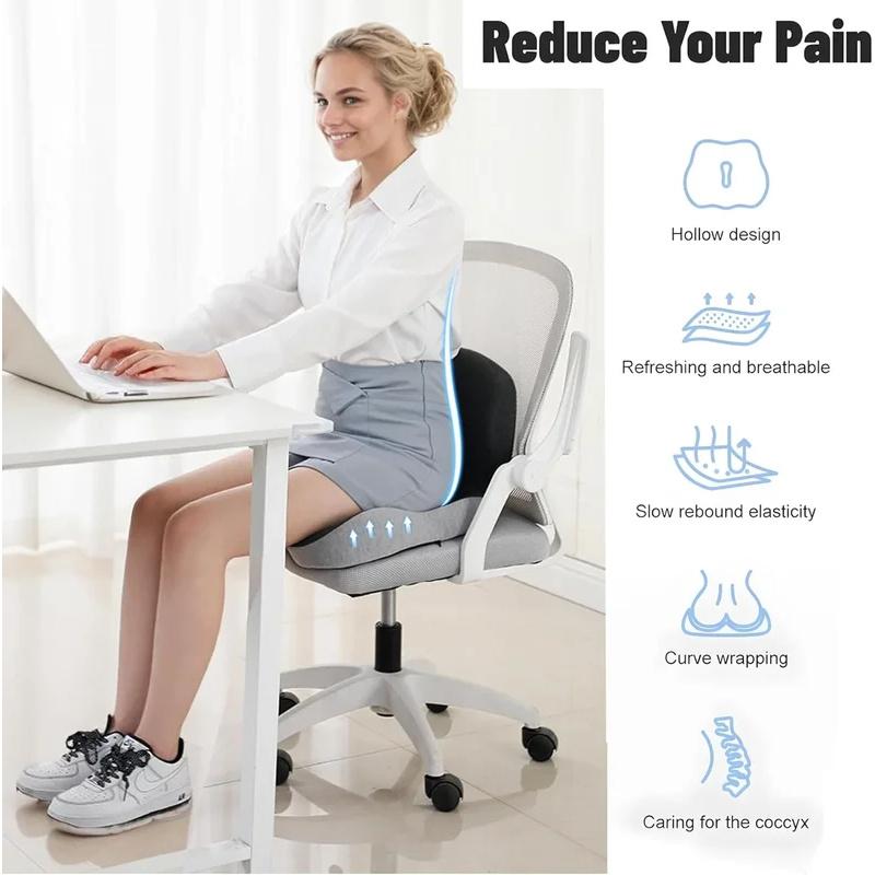 Memory Foam One-piece Seat Cushion Backrest Office Chair Cushion Massage Lumbar Support Pain Relief Breathable Car Butt Pad