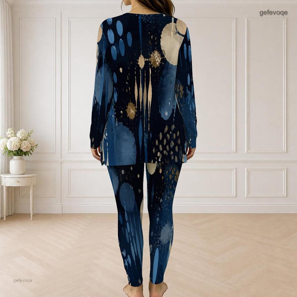 Women Plus Size Dark Blue Printed Half Zip Long Sleeve Longline Top And Fitted Pants Two Piece Set