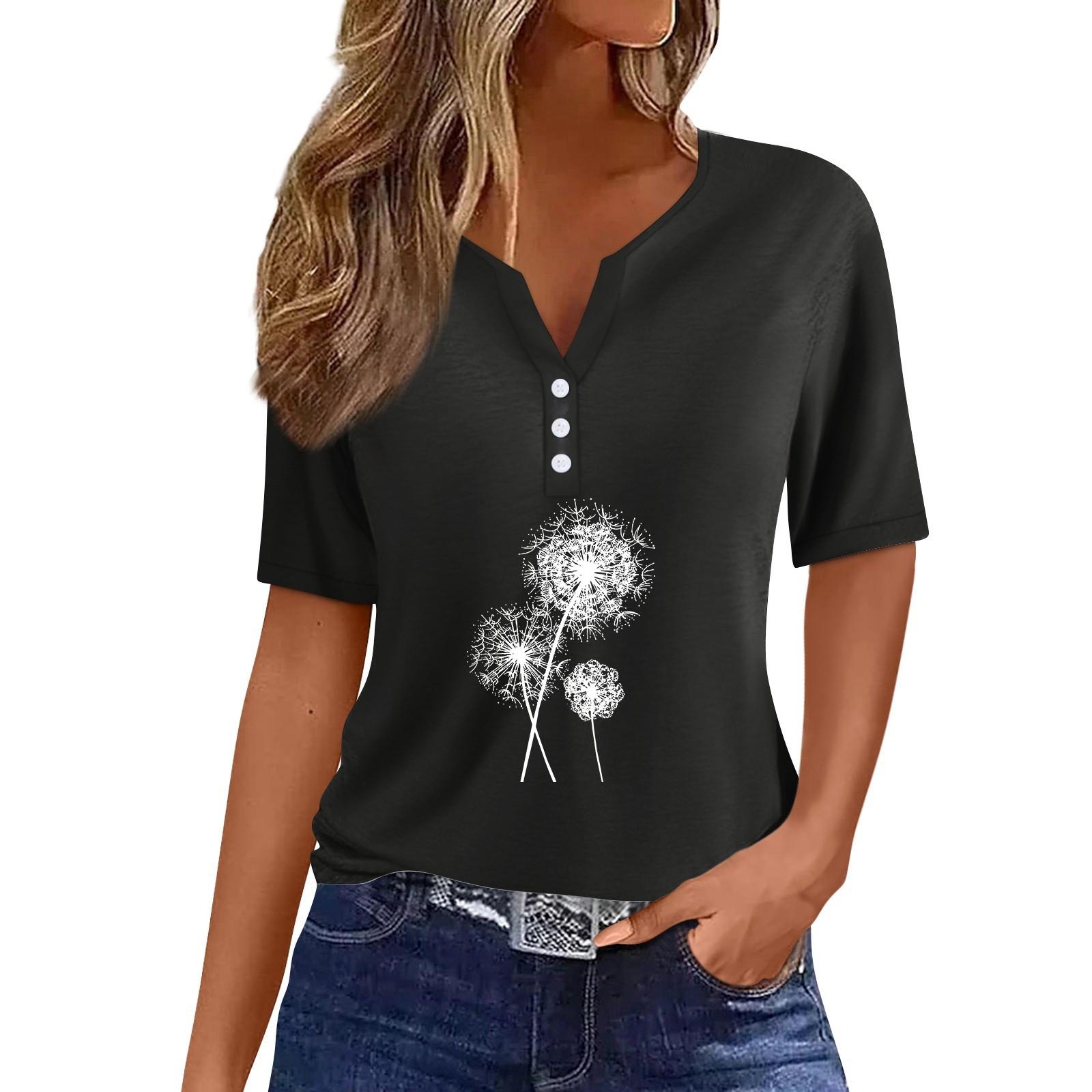 

Женская модная повседневная винтажная футболка с v-образным вырезом и коротким рукавом с декоративными пуговицами, топ XXXL чёрный