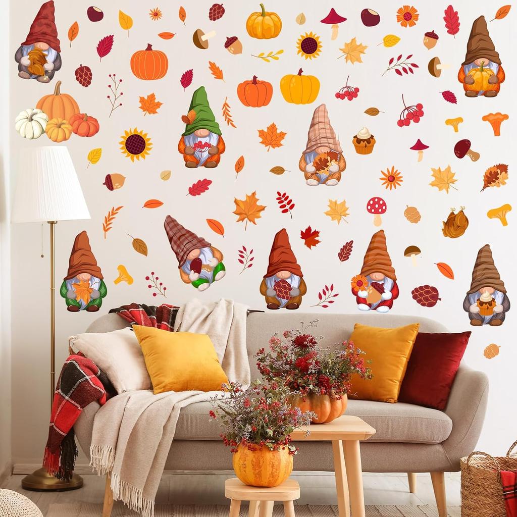 6 Sheets 85 Pcs Thanksgiving Gnome Wall Decals Fall Autumn Harvest Wall Decals Gnome Pumpkin Sunflower Maple Leaves Window Clings for Home Living