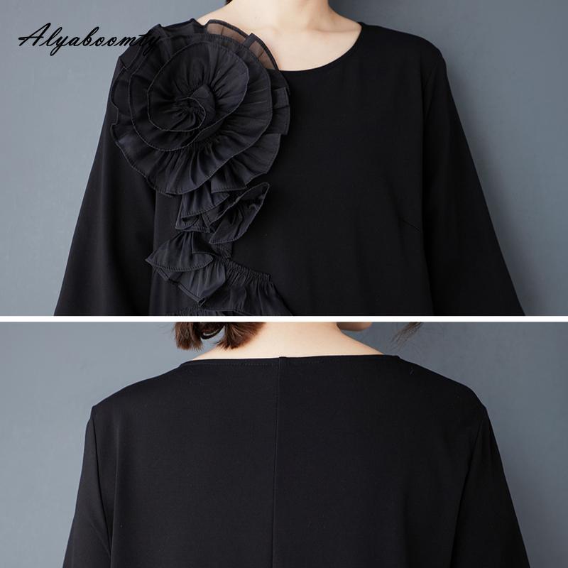 Large Size Spring Summer Wome Black Midi Dress Brief O Neck Casual Loose Floral Party Dress Half Sleeve Split Feminine Dress