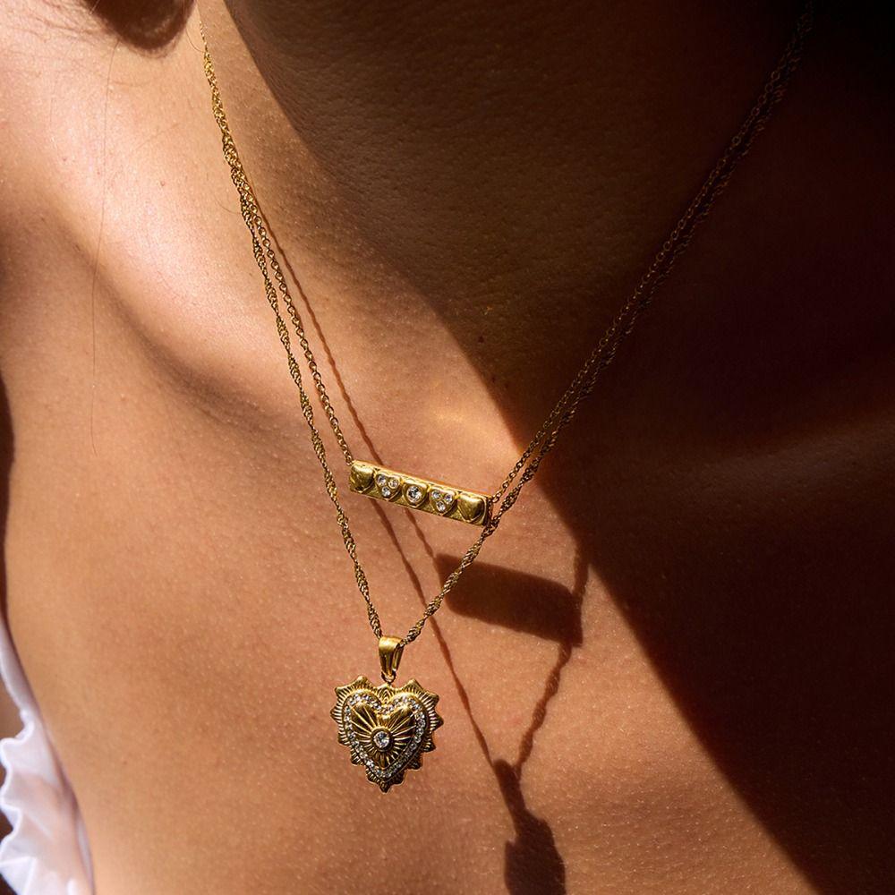 Handmade Double Stacked Neck Chain Titanium Steel Heart Clavicle Chain  Summer Beach