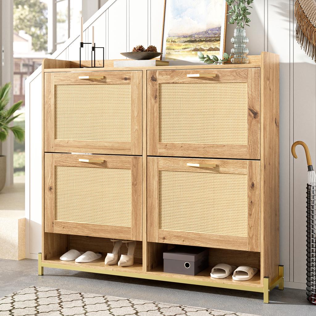 Elegant Wooden Shoe Cabinet with Rattan Doors – 4 Doors, Metal Frame and Top Shelf for Stylish and Organized Storage.