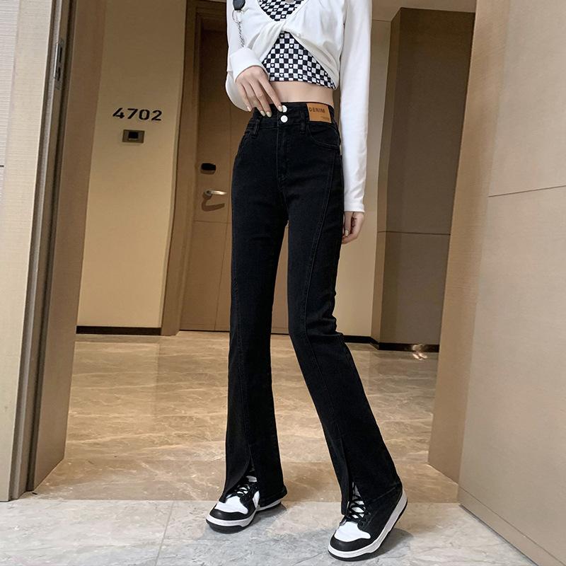 Damen-Stretch-Jeans für Frühling und Sommer, hoch taillierte, gerade Hose, schmale, offene Micro-Schlaghose