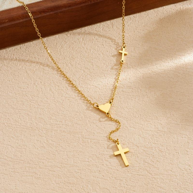 Gold Plated Stainless Steel Cross and Heart Lariat Necklace for Women