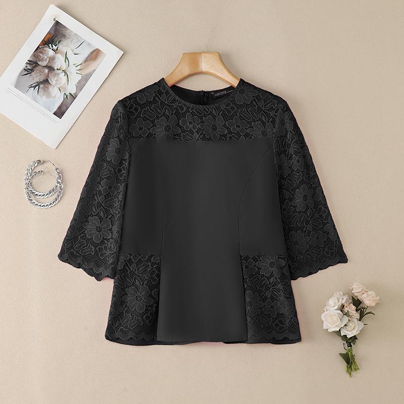 ZANZEA Women Casual Lace Crochet Splice 3/4 Sleeve Loose Blouse