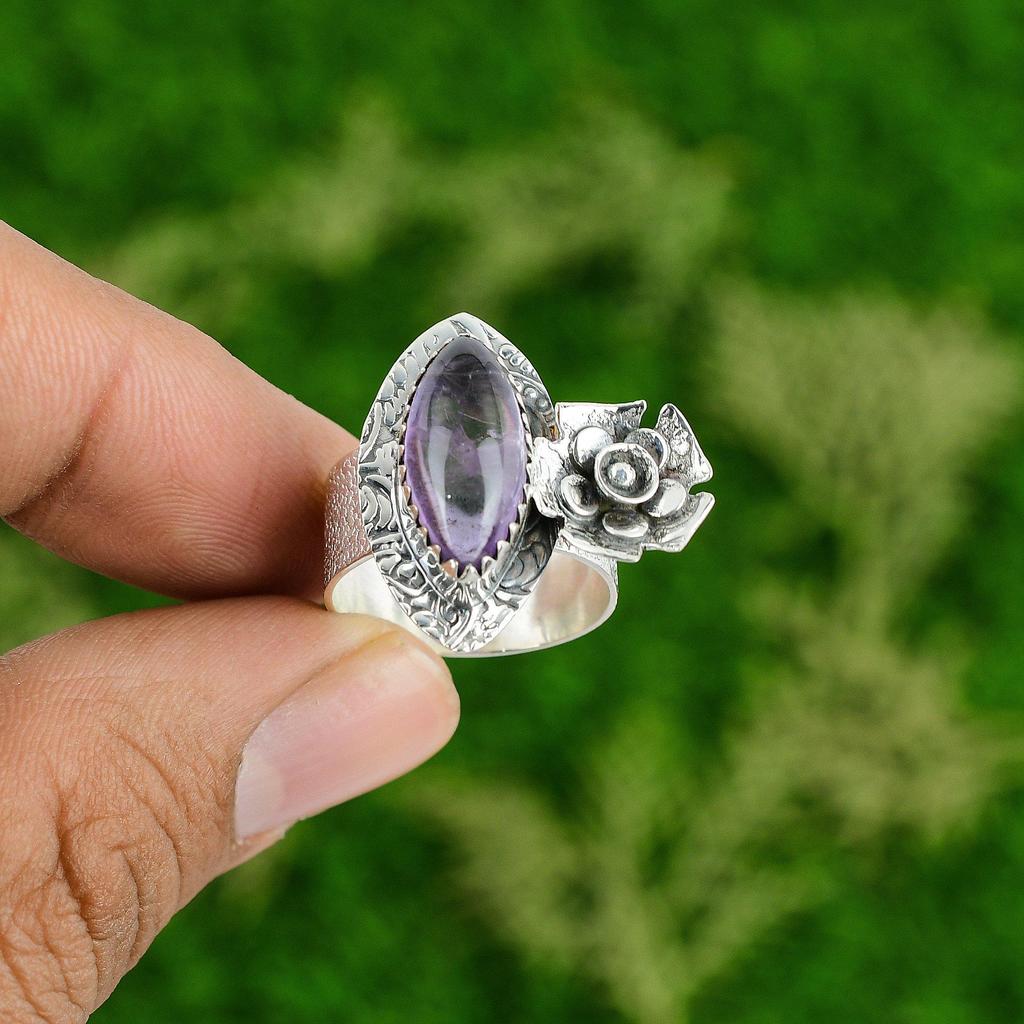 Natural African Amethyst Stackable Flower Ring Size 8.25 925 Silver For Women