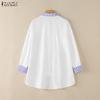 ZANZEA Women Casual Turn Down Collar Stripe Splice Loose Long Sleeve Blouse