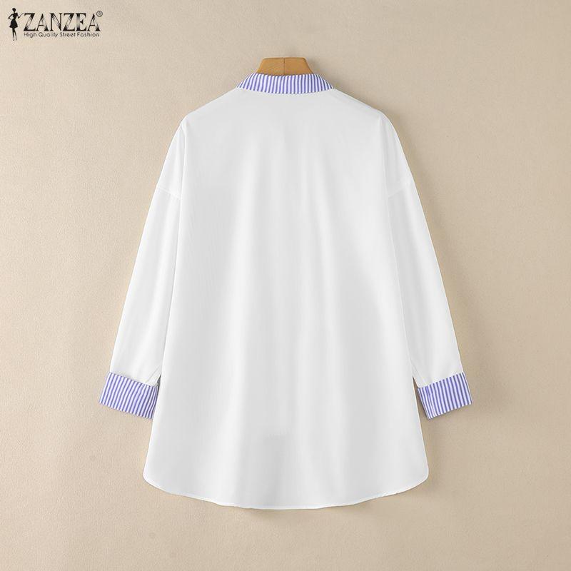 ZANZEA Women Casual Turn Down Collar Stripe Splice Loose Long Sleeve Blouse