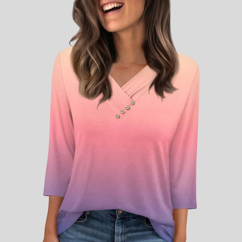 Damen T-Shirt Tee Knopf 3/4 Ärmel Tunika Täglich Wochenende Mode Basic V-Ausschnitt Reguläres Oberteil