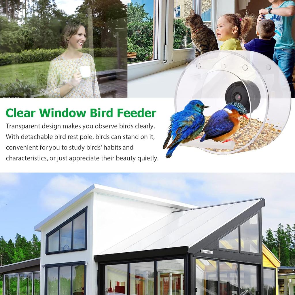 Clear Window Bird Feeder with Suction Cup Ing Chain and Standing Pole Transparent Round Outside Birdhouse for Close Up View Outdoors Wild Birds