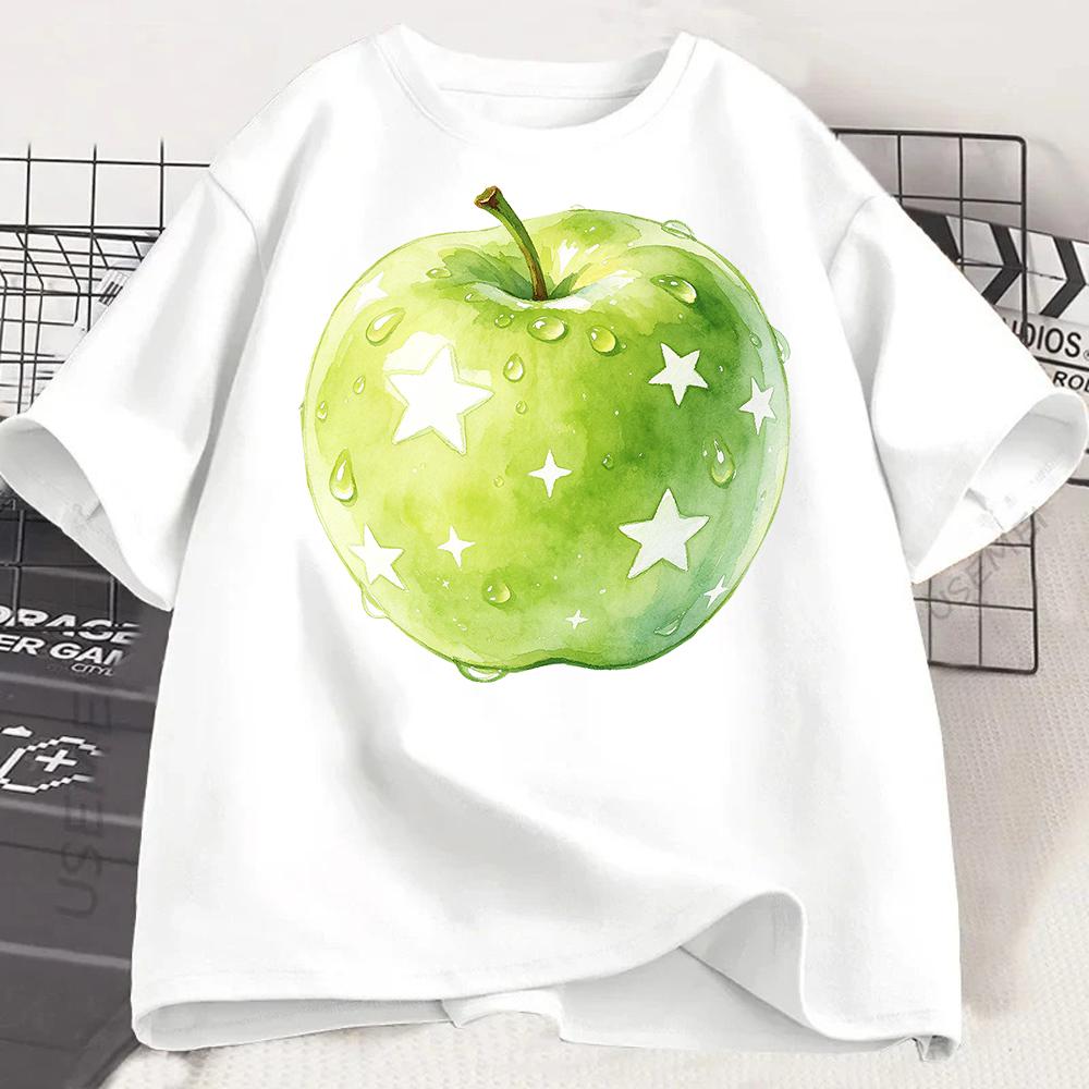 Zielone Jabłko Graficzny T-shirt Damski Uroczy Akwarelowy Nadruk Owocowy Koszulka Codzienny Krótki Rękaw Letni Luźny Harajuku Estetyczny Top
