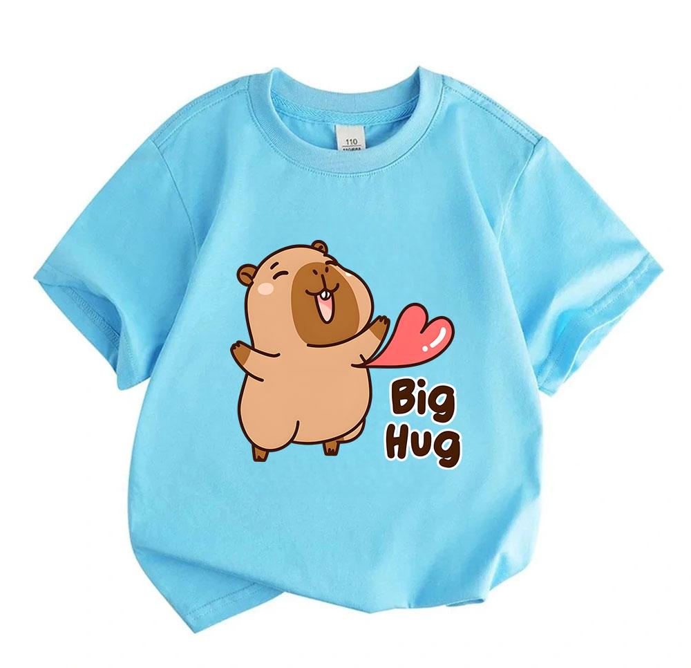 Kids Boys Girls Crew Neck Short Sleeve 100% Cotton T-Shirt, Cute Cartoon Capybara Big Hug Pattern Casual Soft Comfortable Tee for Daily Wear Holiday G