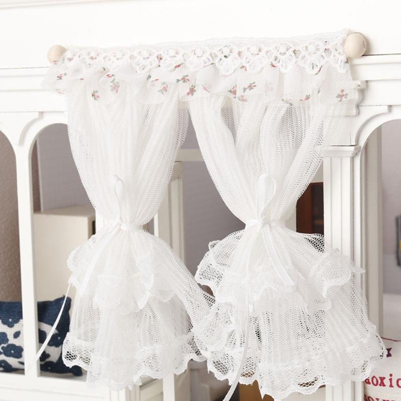 62KD 1:12 Dollhouses Miniature Lace Window Curtain Home Door Curtains Bedroom Furniture Decoration Toy Scene Decoration