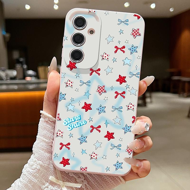 Blauer Stern Schleifen Muster Hülle Für Samsung Galaxy S25 Edge S24 Ultra S23 S22 Plus S21 FE S26 Ultra Lederstruktur Silikonhülle