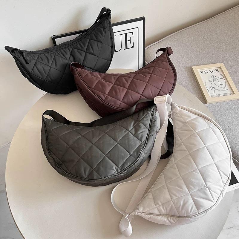 Casual Portable Women's Hobos Crossbody Bag Simple Nylon Ladies Shoulder Bags Quilted Plaid Female Underarm Bag Purse Handbags