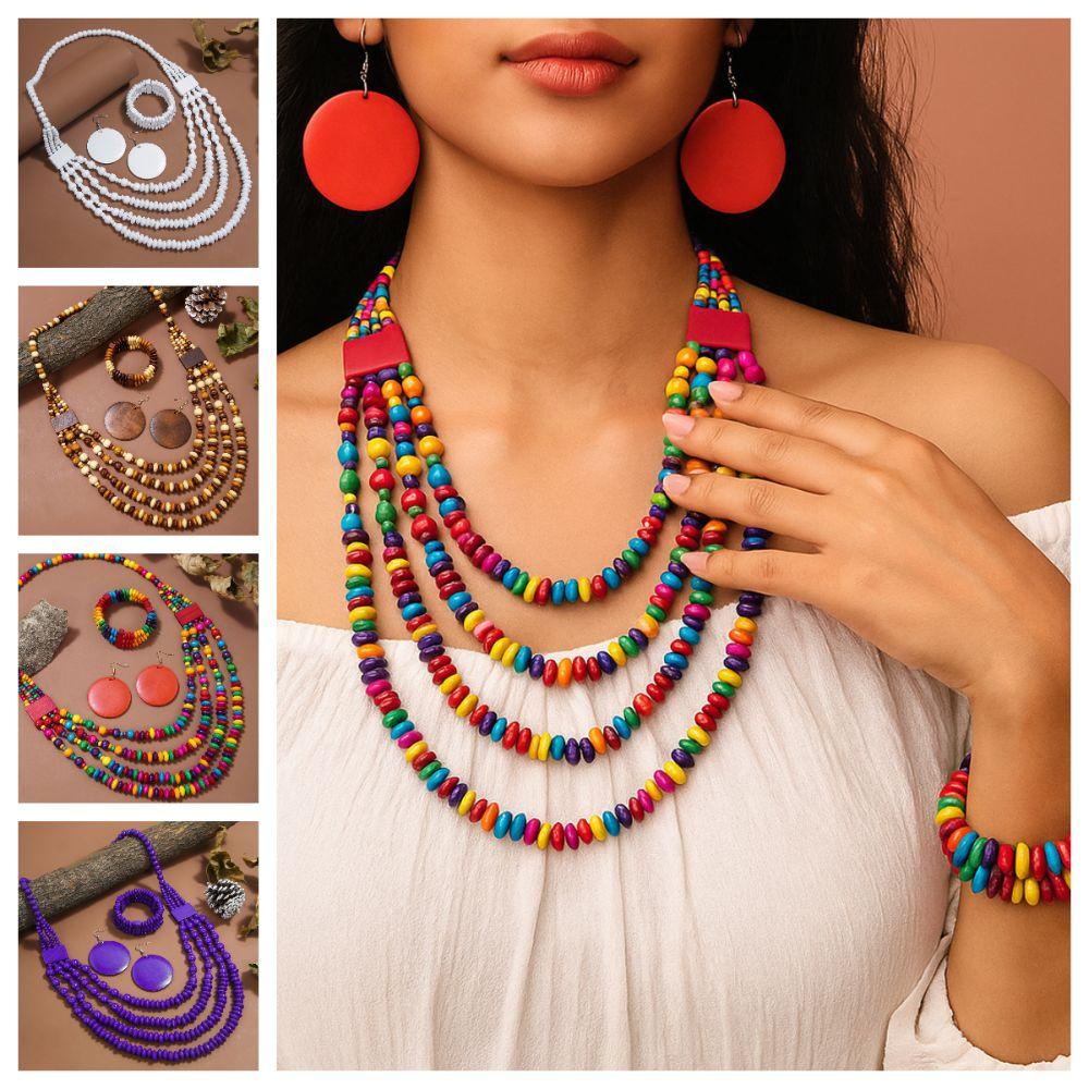 Ethnic Style Vintage Boho Bib Beads Colorful Geometric Beaded Necklace  Women Party Accessories