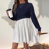 Women Long Sleeve A Line High Waist Pleated Color Block O Neck Long Dress Spring Summer