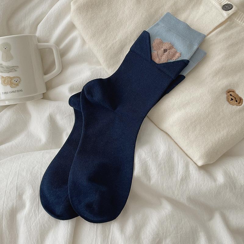 Velvet Cartoon Animal Socks for Women, Autumn Patchwork Fake Two Mid-calf Socks In Contrasting Colors, Boneless Pile Socks