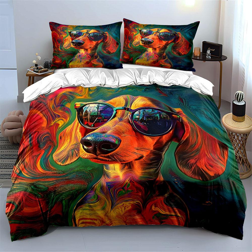 Colorful Dog Art Decor Set Bedding Set with 1 Duvet Cover 2 Pillowcases Single Double King Queen, Gift