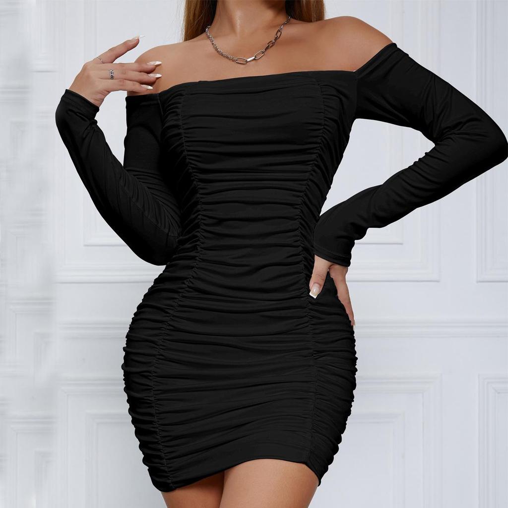 Fashionable Women's One Neck Long Sleeved Pleated Hip Hugging Dress, Sexy Strapless Nightclub Party Mini Skirt