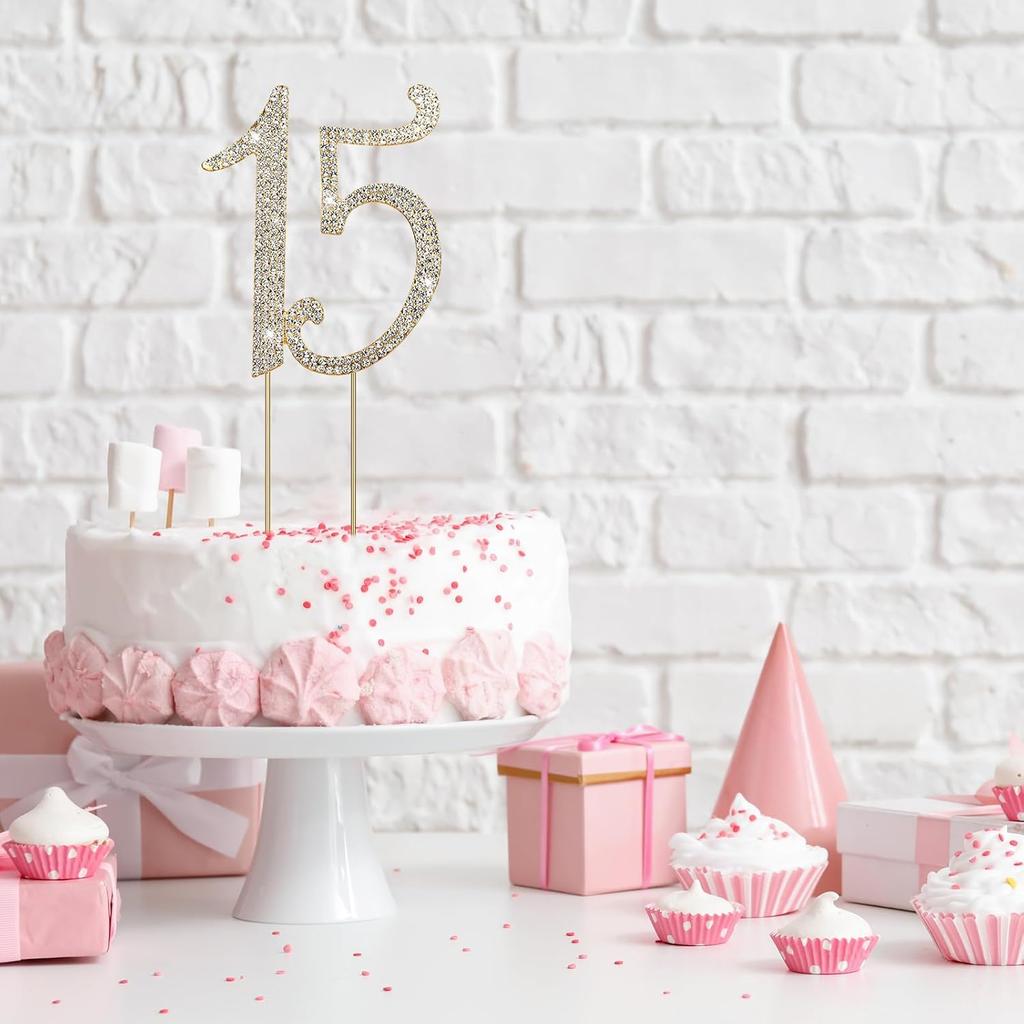 1 PCS Gold 15 Cake Topper Number 15 Cake Decoration Gold Rhinestone Cakes Toppers Decoration Crystal Happy 15th Birthday Cakes Sparkly Bling Alloy