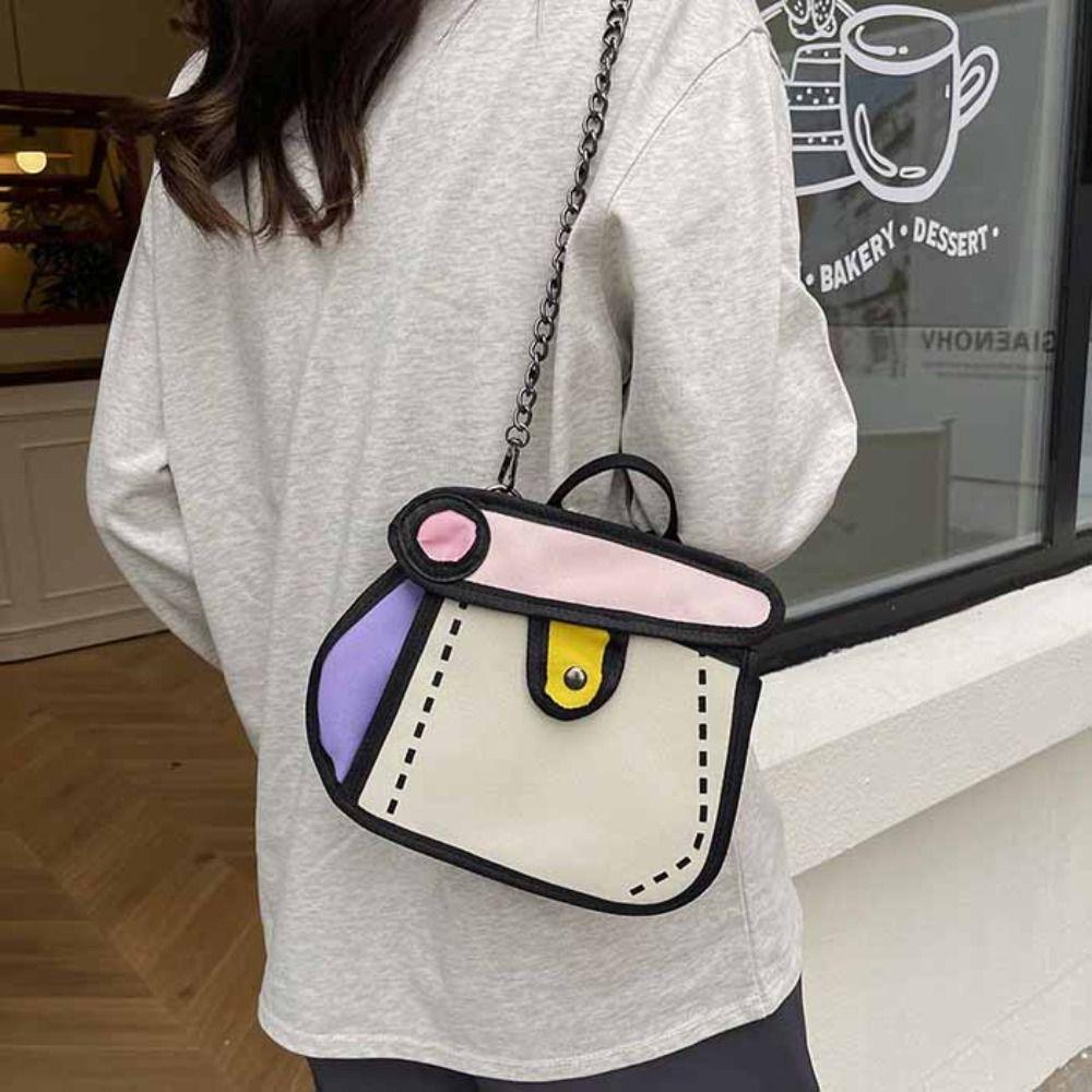 2D Anime Comic Crossbody Bag Canvas Line Painting Messenger Bag Chain Shoulder Bag Travel