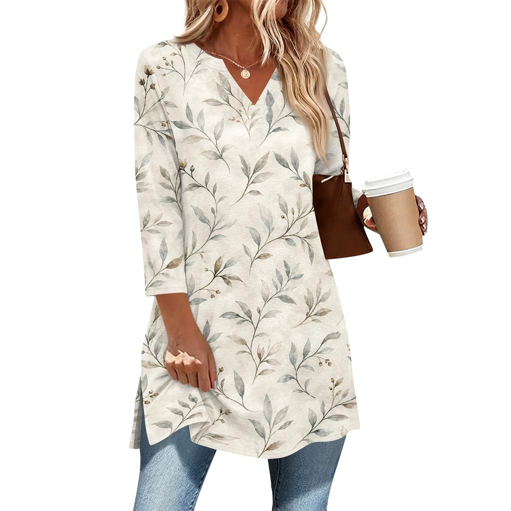 Womens Casual V Neck 34 Sleeve Pullover Tunic Top with Floral Print Loose Fit Mid Length Blouse for Daily Wear