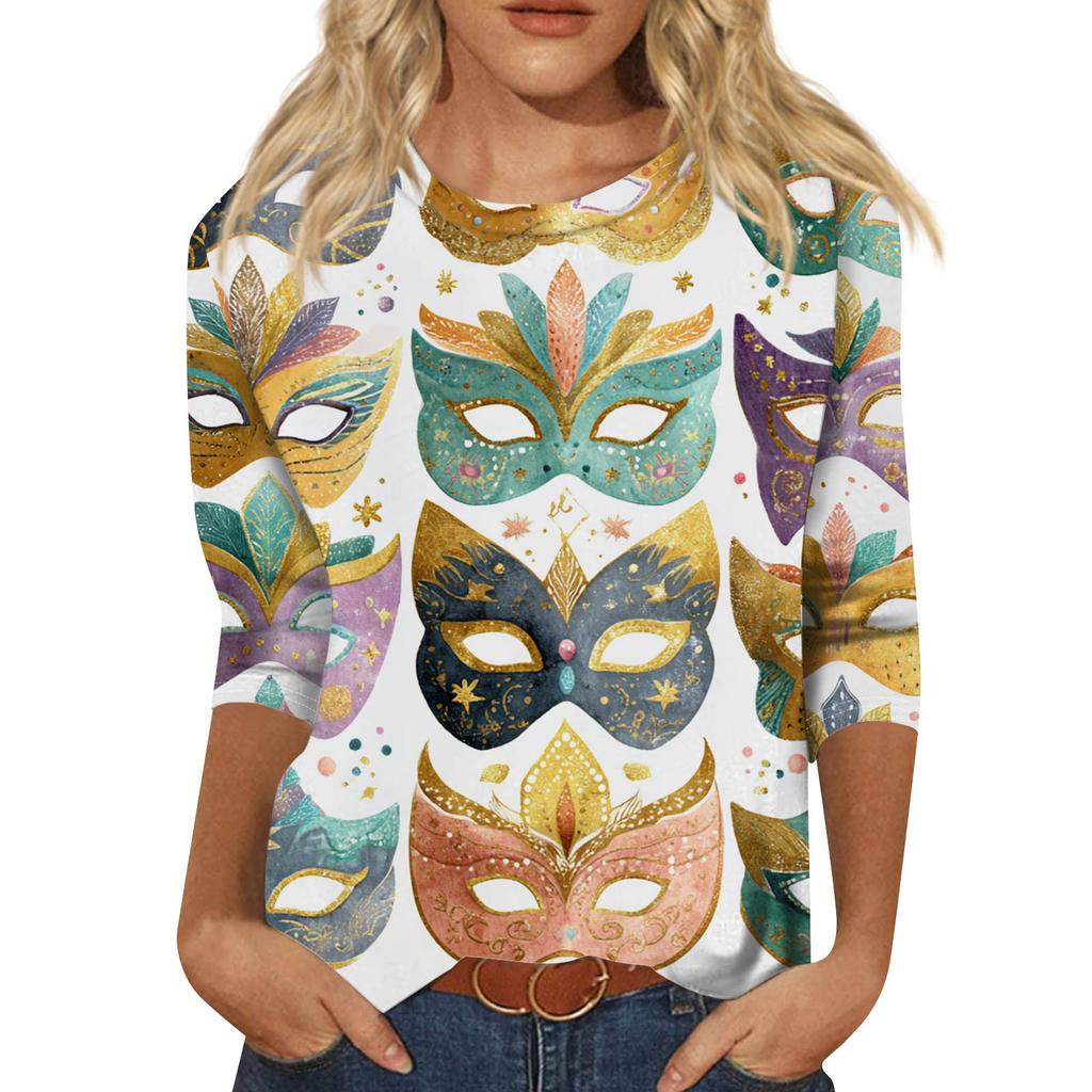 Top de Cuello con Estampado de Carnaval de Manga Tres Cuartos Casual y a la Moda para Mujer