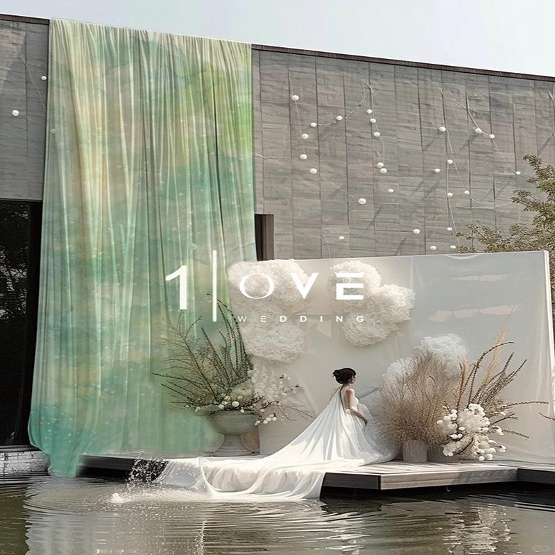 Chinese Ancient-Style Gradient Green Gauze Curtain for Ceiling Decor and Weddings