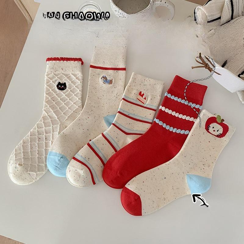 Punktgarn-Socken, Mädchen-Cartoon-Baumwollsocken, Wadenlange Socken, Niedliche bestickte geruchshemmende nahtlose lange Strümpfe
